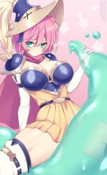Rule 34 | 1girl, aqua eyes, armor, belt, boobplate, breastplate, breasts, cape, commentary, dress, elbow gloves, english commentary, genkai tokki moero chronicle, gloves, gluteal fold, gradient background, hair between eyes, hat, highres, large breasts, lindaroze, looking at viewer, pink background, pink hair, red cape, shoulder armor, slime (creature), slime (genkai tokki moero chronicle), spread legs, star (symbol), starry background, thighhighs, thighs, twitter username, watermark, web address, white gloves, yellow dress