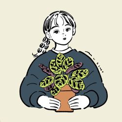 Rule 34 | 1girl, bad source, braid, closed mouth, cropped torso, flat color, flower pot, grey sweater, highres, holding, holding flower pot, long hair, long sleeves, looking at viewer, muchi (muchiiiko), original, partially colored, plant, potted plant, side braid, signature, simple background, solo, sweater, upper body