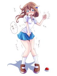 Rule 34 | 1girl, arm up, artist request, between legs, blue eyes, blue skirt, blush, breasts, brown footwear, brown hair, creatures (company), female focus, full body, game freak, hair ornament, hand between legs, have to pee, highres, knees together feet apart, lass (pokemon), long hair, miniskirt, nintendo, npc trainer, open mouth, pleated skirt, poke ball, pokemon, pokemon frlg, saliva, shirt, shoes, short sleeves, simple background, skirt, small breasts, socks, solo, standing, teeth, text focus, thought bubble, translated, trembling, wavy mouth, white background, white shirt, white socks