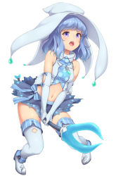 Rule 34 | 1girl, blue gloves, blue hair, blue thighhighs, boots, bow, breasts, crop top, elbow gloves, full body, gloves, holding, holding wand, jewelry, long hair, medium breasts, midriff, navel, necklace, open mouth, original, purple eyes, sasaame, simple background, skirt, sleeveless, sleeveless turtleneck, solo, standing, tears, teeth, thighhighs, turtleneck, v arms, wand, white background