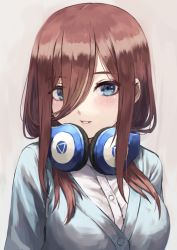 Rule 34 | 1girl, blue eyes, blush, breasts, brown hair, commentary request, dress shirt, fagi (kakikaki), go-toubun no hanayome, gradient background, hair between eyes, hair over one eye, headphones, headphones around neck, large breasts, long hair, looking at viewer, nakano miku, parted lips, revision, shirt, smile, solo, upper body, white shirt