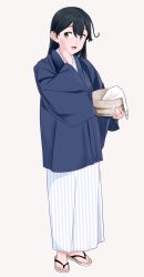 Rule 34 | 10s, 1girl, ahoge, basin, black hair, brown eyes, full body, hand on own face, japanese clothes, kantai collection, kimono, long hair, ojipon, open mouth, sandals, simple background, solo, towel, ushio (kancolle), white background, yukata