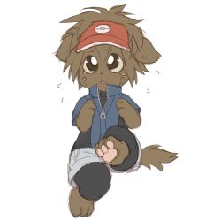 Rule 34 | 1boy, animal ears, animal hands, barefoot, blue shirt, bodystocking, brown eyes, brown hair, creatures (company), crying, dog ears, dog tail, flying sweatdrops, full body, furry, furry male, game freak, grey shorts, hands up, hat, hatomura miri, highres, jpeg artifacts, leg up, looking up, male focus, nate (pokemon), nintendo, open mouth, pawpads, poke ball symbol, poke ball theme, pokemon, pokemon bw2, red hat, shirt, short hair, short shorts, short sleeves, shorts, simple background, sitting, sketch, solo, tail, tears, visor cap, white background, zipper, zipper pull tab