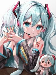 Rule 34 | 1girl, absurdres, blue eyes, blue hair, blue nails, blush, breasts, character doll, detached sleeves, grey background, hair between eyes, hands up, hatsune miku, highres, kayon (touzoku), long hair, long sleeves, looking at viewer, medium breasts, nail polish, simple background, smile, solo, twintails, upper body, very long hair, vocaloid