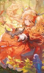Rule 34 | 1girl, absurdres, arknights, back bow, bird, black bow, blonde hair, bow, circle skirt, commentary, english commentary, floating hair, forest, from above, gloves, grass, green eyes, hair bow, high-waist skirt, highres, jacket, leaf, long hair, looking at viewer, maccha (mochancc), nature, official alternate costume, official art, on grass, outdoors, parted lips, pinecone (arknights), pinecone (sing a song) (arknights), reaching, reaching towards viewer, red bow, red jacket, red skirt, sitting, skirt, solo, tree, twintails, white gloves