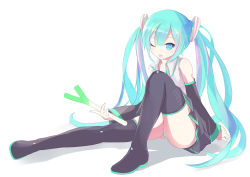 Rule 34 | 1girl, aqua eyes, aqua hair, aqua panties, bare shoulders, black thighhighs, commentary request, detached sleeves, gumo, hatsune miku, highres, long hair, long sleeves, one eye closed, open mouth, panties, pantyshot, shirt, sitting, skirt, smile, solo, spring onion, striped clothes, striped panties, thighhighs, twintails, underwear, upskirt, very long hair, vocaloid, wide sleeves