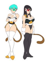 Rule 34 | 2girls, armor, bare shoulders, black footwear, black hair, blue hair, boots, breasts, bulma, chi-chi (dragon ball), cleavage, crossed arms, dragon ball, dragonball z, female focus, gloves, green-tinted eyewear, highres, long hair, looking at viewer, multiple girls, nala1588, red-tinted eyewear, saiyan, saiyan armor, scouter, short hair, sideboob, smile, tagme, tail, thighs, tinted eyewear, watermark, white footwear, white gloves