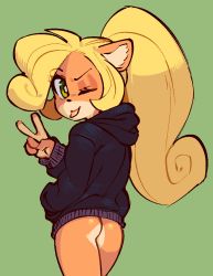 Rule 34 | 1girl, ahoge, alternate costume, animal ears, ass, black sweater, blonde hair, body fur, bottomless, closed mouth, coco bandicoot, cowboy shot, crash bandicoot (series), female focus, from behind, furry, furry female, green eyes, grey background, hand in pocket, hand up, happy, hood, hoodie, huge ahoge, long hair, long sleeves, looking at viewer, looking back, one eye closed, ponytail, raised eyebrow, shiny skin, sidelocks, simple background, smile, solo, standing, sweater, tongue, tongue out, v, wamudraws, wink
