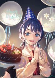 Rule 34 | 2girls, balloon, birthday cake, black gloves, blue eyes, blue hair, brown dress, cake, candle, cardigan, dated, dress, food, gloves, grey cardigan, half gloves, happy birthday, hasu no sora school uniform, hat, highres, holding, holding plate, link! like! love live!, long hair, long sleeves, looking at viewer, looking to the side, love live!, mole, mole on neck, multiple girls, murano sayaka, neckerchief, open mouth, own hands together, party hat, plate, red neckerchief, school uniform, signature, solo focus, suito, swept bangs, teeth, twintails, upper body, upper teeth only, winter uniform, yugiri tsuzuri