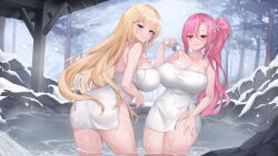 Rule 34 | 2girls, absurdres, ass, back, bare shoulders, blonde hair, blue eyes, blush, breasts, cleavage, collarbone, covered navel, curvy, deogho (liujinzy9854), forest, from behind, highres, huge breasts, licking lips, long hair, looking at viewer, looking back, multiple girls, nature, onsen, original, outdoors, pink eyes, pink hair, pouring, pouring onto self, shoulder blades, side ponytail, sideboob, sidelocks, smile, snow, tongue, tongue out, very long hair, wading, water, wide hips