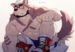 Rule 34 | ..., 1boy, abs, animal ears, bara, beard, beenic, blush, bulge, commission, cross-laced footwear, dog boy, dog ears, facial hair, full body, furry, furry male, glasses, grey fur, grey hair, highres, large pectorals, leaning forward, looking at viewer, lveink, male focus, mature male, muscular, muscular male, navel, nipples, original, pectorals, red-framed eyewear, second-party source, short hair, shorts, sitting, solo, stomach, sweat, tail raised, thick thighs, thighs, topless male, two-tone fur, white shorts