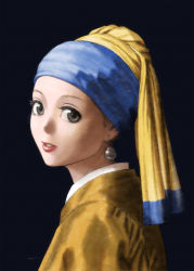 Rule 34 | 1girl, animification, black background, earrings, eyelashes, face, fine art parody, from side, girl with a pearl earring, grey eyes, highres, jewelry, lips, looking at viewer, mankappa, parody, parted lips, pearl earrings, simple background, solo