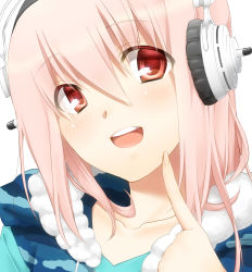 Rule 34 | 1girl, bad id, bad pixiv id, blush, collarbone, headphones, highres, kyo, long hair, looking at viewer, nitroplus, open mouth, pink hair, red eyes, simple background, smile, solo, super sonico