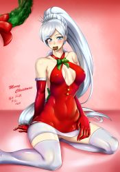 Rule 34 | 1girl, absurdres, bare shoulders, blush, breasts, christmas wreath, cleavage cutout, clothing cutout, collarbone, cookie, covered navel, dress, earrings, food, highres, jewelry, looking at viewer, medium breasts, ponytail, red background, red dress, ribbon, rwby, santa costume, scar, smile, solo, thighhighs, vilde loh hocen, weiss schnee, white hair, wreath