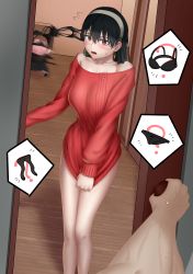 Rule 34 | 1boy, 2girls, absurdres, anya (spy x family), artist request, black hair, blush, breasts, clothes theft, headband, highres, large breasts, long hair, looking at viewer, multiple girls, naked sweater, no bra, no panties, open mouth, pov, red eyes, spy x family, sweater, theft, yor briar