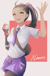 Rule 34 | 1girl, :d, absurdres, arm up, backpack, bag, black bag, breast pocket, character name, collared shirt, commentary request, creatures (company), eyelashes, game freak, green hair, highres, holding, holding poke ball, multicolored hair, necktie, nemona (pokemon), nintendo, open mouth, orange eyes, pantyhose, pocket, poke ball, poke ball (basic), pokemon, pokemon sv, ponytail, purple necktie, purple shorts, shirt, shorts, smile, solo, streaked hair, teeth, two-tone hair, upper teeth only, weiss 9610