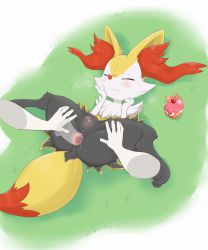 Rule 34 | 1boy, 1girl, anal, animal ear fluff, animal ears, animal hands, anus, blush, braixen, cherry, cleft of venus, clitoris, closed eyes, closed mouth, creatures (company), cupcake, disembodied hand, erection, fang, food, fox ears, fox tail, fruit, full body, furry, game freak, gen 6 pokemon, grass, green background, hand on own face, hands up, hetero, highres, interspecies, lying, motion lines, nintendo, on back, orange (fruit), orange slice, outdoors, pawpads, penis, pokemon, pokemon (creature), pokephilia, pussy, sake kemosalmon, sex, shiny skin, spread legs, tail, uncensored, veins, veiny penis, x-ray