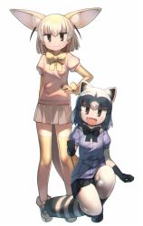 Rule 34 | 10s, 2girls, :3, :d, animal ears, black footwear, black gloves, black hair, black ribbon, black skirt, blonde hair, blue shirt, border, breast pocket, brown eyes, brown hair, chromatic aberration, clenched hand, collar, common raccoon (kemono friends), fang, fennec (kemono friends), fox ears, fox tail, full body, fur collar, fur trim, gloves, gradient hair, grey background, grey hair, hand on own hip, harau, jitome, kemono friends, kneeling, loafers, looking at viewer, multicolored hair, multiple girls, neck ribbon, on one knee, open mouth, pink sweater, pleated skirt, pocket, puffy short sleeves, puffy sleeves, raccoon ears, raccoon tail, ribbon, shirt, shoes, short-sleeved sweater, short hair, short sleeves, simple background, skirt, smile, standing, striped tail, sweater, tail, thighhighs, tsurime, white footwear, white hair, white skirt, yellow gloves, yellow legwear, yellow ribbon, zettai ryouiki