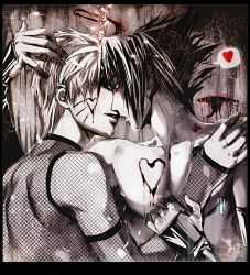 Rule 34 | 2boys, artist request, facial mark, hair intakes, hand on another&#039;s head, heart, holding, holding jewelry, jewelry, male focus, monochrome, multiple boys, naruto, naruto (series), necklace, parted bangs, spiked hair, spoken heart, spot color, topless male, uchiha sasuke, unmoving pattern, whisker markings, yaoi
