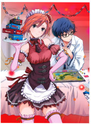 Rule 34 | 1boy, 1girl, absurdres, blue hair, board game, box, character request, corset, elbow gloves, frills, fuyuno haruaki, glasses, gloves, grey eyes, hand on own hip, highres, maid, necktie, orange hair, pink thighhighs, scan, shirt, short hair, skirt, smile, table, thighhighs, tray