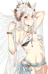 Rule 34 | 1girl, animal ear fluff, animal ears, arknights, asakawa (outeq), bare shoulders, bikini, black eyes, blunt bangs, bracelet, breasts, halterneck, highres, horse ears, horse girl, horse tail, jewelry, laurel crown, long hair, looking at viewer, midriff, navel, official alternate costume, platinum (arknights), platinum (shimmering dew) (arknights), see-through, small breasts, solo, swimsuit, tail, very long hair, white background, white bikini, white hair