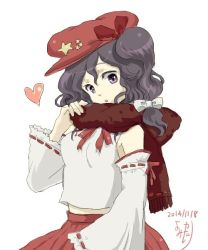 Rule 34 | 1girl, :o, breasts, brown scarf, cabbie hat, detached sleeves, extra, flat cap, hat, heart, katari, label girl (dipp), looking at viewer, midriff, purple eyes, purple hair, red hat, red neckwear, red ribbon, red skirt, ribbon, ribbon-trimmed sleeves, ribbon trim, scarf, simple background, skirt, small breasts, star (symbol), touhou, vest, white background, white sleeves, white vest
