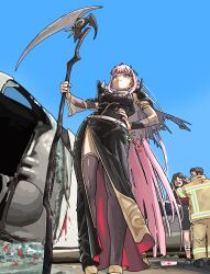 Rule 34 | 1boy, 2girls, absurdres, black dress, black nails, black thighhighs, black tiara, blood, blue sky, car, car crash, clear sky, crying, dress, feet out of frame, from below, frown, gurumie, hand on own hip, highres, holding, holding scythe, hololive, hololive english, implied death, injury, long hair, mori calliope, mori calliope (1st costume), motor vehicle, multiple girls, outdoors, paramedic, pink eyes, pink hair, scythe, shoulder spikes, skindentation, sky, spiked cape, spiked hood, spikes, standing, thighhighs, tiara, two-sided dress, two-sided fabric, virtual youtuber