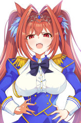Rule 34 | 1girl, absurdres, bad id, bad pixiv id, blue dress, bow, bowtie, breasts, brown hair, daiwa scarlet (umamusume), dress, epaulettes, fang, hair intakes, hair ornament, highres, horse girl, large breasts, long hair, long sleeves, looking at viewer, newon, purple bow, purple bowtie, red eyes, simple background, solo, tiara, twintails, umamusume, white background