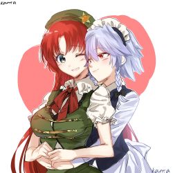 Rule 34 | 2girls, apron, artist name, blue eyes, blue vest, blush, braid, breasts, cabbie hat, couple, green vest, hair ribbon, hat, hat ornament, hong meiling, hug, hug from behind, izayoi sakuya, kanta (pixiv9296614), large breasts, long hair, long sleeves, maid, maid apron, maid headdress, multiple girls, one eye closed, open mouth, puffy short sleeves, puffy sleeves, red eyes, red hair, red neckwear, ribbon, short hair, short sleeves, silver hair, smile, star (symbol), star hat ornament, touhou, tress ribbon, twin braids, vest, yuri