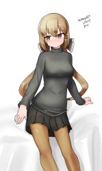 Rule 34 | 1girl, absurdres, black bow, black skirt, bow, brown eyes, brown hair, brown pantyhose, dress, facing viewer, feet out of frame, grey sweater, hair bow, highres, kantai collection, long hair, looking back, low twintails, maru (marg0613), one-hour drawing challenge, pantyhose, pleated dress, sideways glance, simple background, skirt, solo, sweater, tashkent (kancolle), turtleneck, turtleneck sweater, twintails, white background