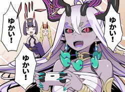 Rule 34 | 3girls, aqua nails, bags under eyes, bare shoulders, black sclera, blonde hair, bob cut, breasts, choker, colored sclera, colored skin, colored tongue, commentary request, controller, dark-skinned female, dark skin, earrings, eyeliner, eyes visible through hair, facial mark, fate/grand order, fate (series), fingernails, forehead mark, game console, grey skin, hair between eyes, hair ornament, headpiece, horns, ibaraki douji (fate), ibuki douji (fate), japanese clothes, jewelry, kimono, long fingernails, long hair, magatama, makeup, multiple girls, multiple horns, nail polish, necklace, o o, oni, ono misao, open clothes, open kimono, open mouth, playing games, playstation 5, purple hair, purple kimono, purple tongue, red eyes, revealing clothes, shiny skin, short eyebrows, short hair, shuten douji (fate), skin-covered horns, smile, speech bubble, surprised, teeth, translated, white hair