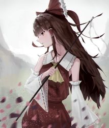 Rule 34 | 1girl, absurdres, brown eyes, brown hair, falling petals, gohei, hakurei reimu, highres, holding, japanese clothes, long hair, miko, nepperoni, open mouth, petals, red ribbon, ribbon, solo, touhou