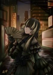 Rule 34 | 1girl, ascot, belt, black ascot, black belt, black gloves, black hair, blonde hair, blue eyes, choker, cityscape, cross-laced clothes, cross-laced dress, dress, folding fan, fuugami, gloves, green dress, hand fan, highres, holding, holding fan, hololive, hololive dev is, juufuutei raden, lace, lace choker, multicolored hair, red brooch, signature, solo, streaked hair, virtual youtuber