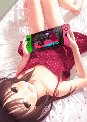 Rule 34 | 1girl, artist name, barefoot, bed sheet, blush, brown eyes, brown hair, capriccio, collarbone, commentary, dress, from above, handheld game console, joy-con, knees up, legs, long hair, looking at viewer, lying, nintendo, nintendo switch, on back, on bed, open mouth, original, playing games, polka dot, polka dot dress, polka dot pillow, red dress, smile, solo, splatoon (series), splatoon 2, tears, teeth, thighs, upside-down