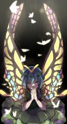 Rule 34 | 1girl, antennae, aqua hair, butterfly wings, closed mouth, dagasitotaiyou, dress, eternity larva, fairy, green dress, hair between eyes, highres, insect wings, leaf, leaf on head, multicolored clothes, multicolored dress, orange eyes, short hair, short sleeves, smile, solo, touhou, wings