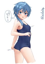 Rule 34 | 1girl, adjusting clothes, adjusting swimsuit, asymmetrical hair, blue eyes, blue hair, blue one-piece swimsuit, commentary request, competition school swimsuit, cowboy shot, from behind, highres, ishida arata, kantai collection, looking at viewer, looking back, minazuki (kancolle), one-piece swimsuit, school swimsuit, short hair with long locks, simple background, solo, swimsuit, thighs, translation request, twitter username, white background, white one-piece swimsuit