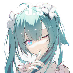 Rule 34 | 1girl, 39, absurdres, alternate costume, aqua eyes, aqua hair, collarbone, commentary, finger to mouth, flower, hair between eyes, hair flower, hair ornament, hatsune miku, head tilt, highres, long hair, looking at viewer, multicolored eyes, one eye closed, pink eyes, qingli green, smile, solo, twintails, two-tone eyes, upper body, very long hair, vocaloid, white background, white flower