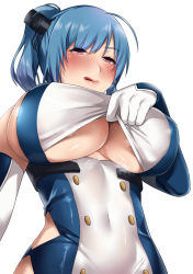 Rule 34 | 1girl, ahoge, azur lane, bare shoulders, blue hair, blush, breasts, commentary request, covered navel, dress, elbow gloves, gloves, highres, impossible clothes, impossible dress, large breasts, licking lips, long hair, looking at viewer, miyotarou, paizuri invitation, purple eyes, shiny skin, side ponytail, sideboob, simple background, skin tight, smile, solo, st. louis (azur lane), steaming body, sweat, tongue, tongue out, underboob, white background, white gloves