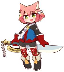 Rule 34 | 1girl, 7th dragon, 7th dragon (series), :d, animal ear fluff, animal ears, belt, belt buckle, black footwear, black shorts, blue jacket, blush, boots, buckle, cat ears, commentary request, fang, fighter (7th dragon), full body, gloves, green eyes, hair between eyes, hair bobbles, hair ornament, harukara (7th dragon), highres, holding, holding sword, holding weapon, jacket, long sleeves, naga u, one side up, open mouth, pink hair, red gloves, short shorts, shorts, simple background, smile, solo, striped clothes, striped thighhighs, sword, thighhighs, thighhighs under boots, weapon, white background, white belt