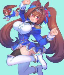 Rule 34 | 1girl, :d, animal ears, black thighhighs, blue skirt, blue sleeves, boots, bow, bowtie, breasts, brown hair, buttons, chibi, commentary, curled fingers, curvy, daiwa scarlet (umamusume), double-breasted, fang, frilled skirt, frills, full body, furry, furry female, garter straps, gold trim, green background, hair between eyes, hair ornament, heart, high heel boots, high heels, horse ears, horse girl, horse tail, jumping, knee boots, knees up, large breasts, long hair, long sleeves, looking at viewer, open mouth, plump, red eyes, rikose, shirt, sidelocks, simple background, skin fang, skirt, smile, solo focus, tail, thighhighs, thighs, tiara, twintails, umamusume, very long hair, white footwear, white shirt