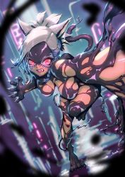 Rule 34 | 1girl, animal ears, breasts, cat ears, cat tail, claws, clenched teeth, crossover, dark-skinned female, dark skin, fang, final fantasy, final fantasy xiv, highres, kionaoki, looking at viewer, marvel, medium breasts, miqo&#039;te, running, sharp teeth, she-venom, short hair, solo, spider-man (series), symbiote, tail, teeth, warrior of light (ff14), white hair