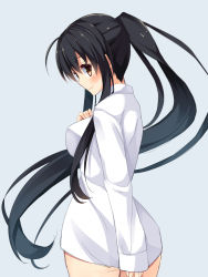 Rule 34 | 1girl, asa no ha (awayuki), black hair, brown eyes, long hair, naked shirt, original, ponytail, shirt, sketch, solo, very long hair