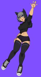 Rule 34 | 1girl, absurdres, animal ears, arm up, black hair, blue eyes, breasts, captain kirb, cat ears, cat girl, full body, genderswap, genderswap (mtf), highres, jumping, large breasts, low ponytail, mikey (mikeyuk), multicolored hair, open mouth, original, ponytail, short shorts, shorts, solo, thighhighs, two-tone hair, wide hips