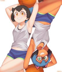 Rule 34 | 2girls, :d, absurdres, animal ears, armpits, arms up, artist name, ball, basketball, basketball (object), black bra, black hair, black sports bra, blue hair, blue shorts, blush, bra, brand new animal, breasts, brown hair, commentary, crotch seam, dolphin shorts, furry, furry female, green eyes, hair between eyes, highres, holding, holding ball, impossible clothes, impossible hair, impossible shirt, kagemori michiru, layered clothes, looking at viewer, matching outfits, medium breasts, midriff peek, multicolored hair, multiple girls, navel, once 11h, open mouth, orange eyes, raccoon girl, rotational symmetry, shirt, short hair, short shorts, shorts, simple background, sleeveless, smile, sports bra, symbol-only commentary, symmetry, tank top, thighs, two-tone hair, two-tone shorts, underwear, upside-down, white background, white footwear