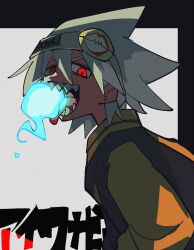 Rule 34 | 1boy, bad id, bad twitter id, clothes writing, hair between eyes, headband, jacket, looking at viewer, male focus, open mouth, red eyes, sameyama jiro, sharp teeth, simple background, solo, soul eater, soul evans, spiked hair, teeth, tongue, tongue out, upper body, white hair
