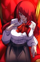 Rule 34 | 1340smile, 1girl, black skirt, bow, bowtie, breasts, commentary, highres, kirijou mitsuru, large breasts, long hair, looking at viewer, persona, persona 3, red bow, red bowtie, red eyes, red hair, red lips, shirt, sitting, skirt, smile, solo, very long hair, white shirt