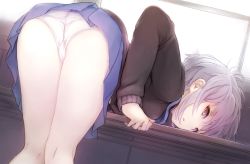 Rule 34 | 1girl, ass, bent over, blue skirt, breasts, ears, female focus, from behind, highres, kneepits, kyokucho, looking at viewer, looking back, nagato yuki, open mouth, panties, parted lips, pleated skirt, purple eyes, purple hair, school uniform, short hair, skirt, small breasts, solo, suzumiya haruhi no shoushitsu, suzumiya haruhi no yuuutsu, table, thigh focus, thighs, underwear, upskirt, white panties, window