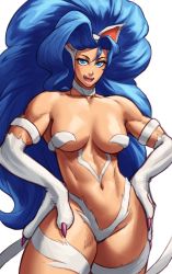 Rule 34 | 1girl, absurdres, animal ears, animal hands, bare shoulders, blue eyes, blue hair, breasts, capcom, cat ears, cat girl, cat tail, curvy, fangs, felicia (vampire), highres, long hair, looking at viewer, shiny skin, simple background, sotcho, standing, tail, vampire (game), very long hair, white fur, wide hips