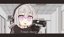 Rule 34 | 1girl, :o, aiming, antenna hair, backpack, bag, black gloves, blurry, blurry background, brown jacket, ceiling, door, earmuffs, english text, girls&#039; frontline, gloves, gotoo, grey bag, grey hair, gun, hair between eyes, handgun, highres, holding, holding gun, holding weapon, indoors, jacket, long sleeves, looking at viewer, m1911, m200 (girls&#039; frontline), open mouth, pistol, polo shirt, ponytail, purple eyes, shirt, solo, weapon, white shirt