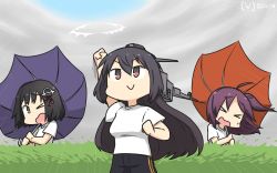 Rule 34 | 3girls, ahoge, alternate costume, black hair, brown hair, closed eyes, cloud, cloudy sky, commentary request, dated, hagikaze (kancolle), haguro (kancolle), hair between eyes, hamu koutarou, head tilt, headgear, highres, hokuto no ken, holding, holding umbrella, inverted umbrella, kantai collection, long hair, looking at another, looking up, multiple girls, nagato (kancolle), one-hour drawing challenge, one eye closed, one side up, open mouth, outdoors, pants, parody, purple hair, rain, sky, smile, smug, track pants, umbrella, upper body, wind